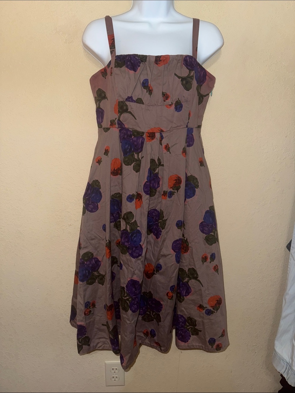 Maeve Taupe Midi Dress with Purple & Orange Floral Print
